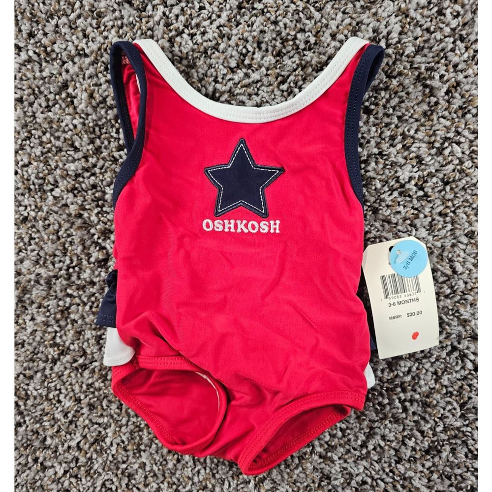 Vintage Oshkosh Baby Girls Sz 3-6M One Piece Swimsuit Red Blue Star Print NEW